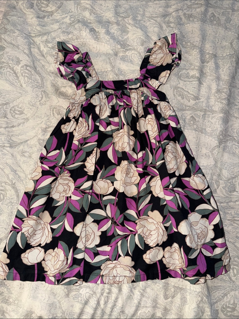 GAP Floral Ruffle-Shoulder Dress in Black, Pink & Cream